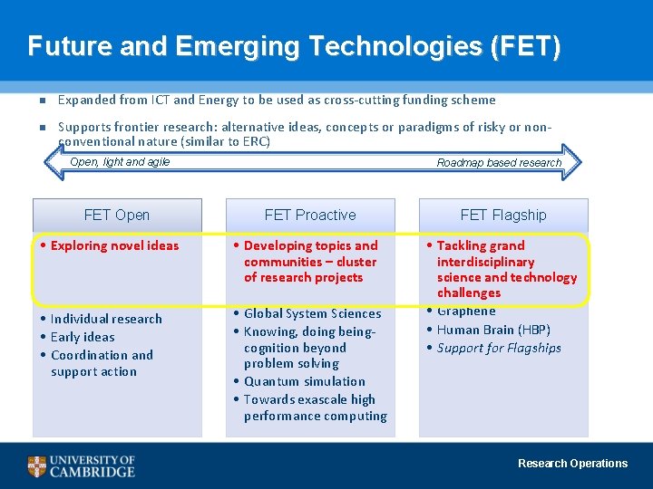 Future and Emerging Technologies (FET) n n Expanded from ICT and Energy to be