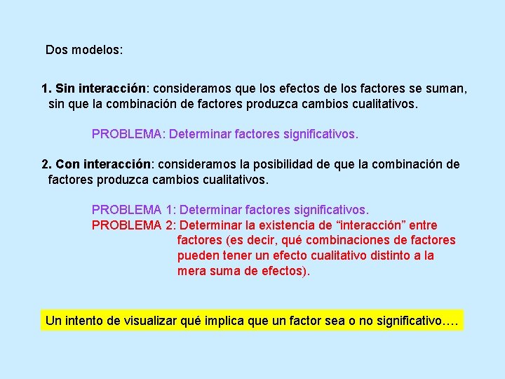Dos modelos: 1. Sin interacción: consideramos que los efectos de los factores se suman,