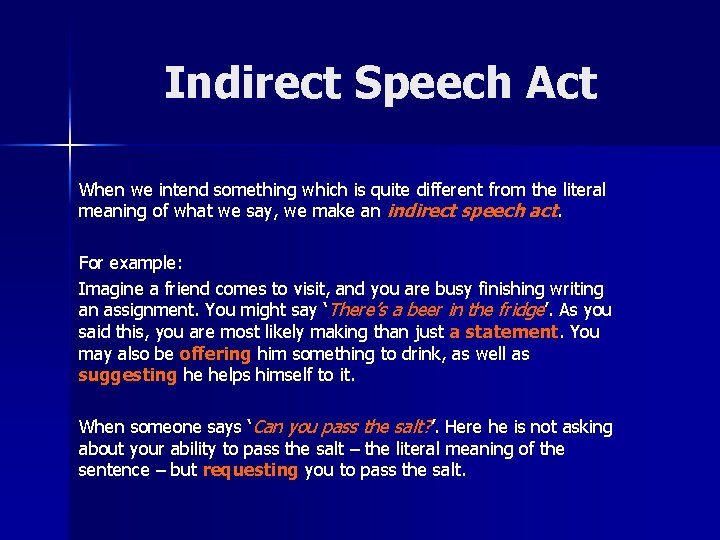 Indirect Speech Act When we intend something which is quite different from the literal