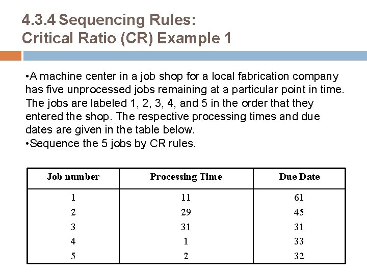 4. 3. 4 Sequencing Rules: Critical Ratio (CR) Example 1 • A machine center