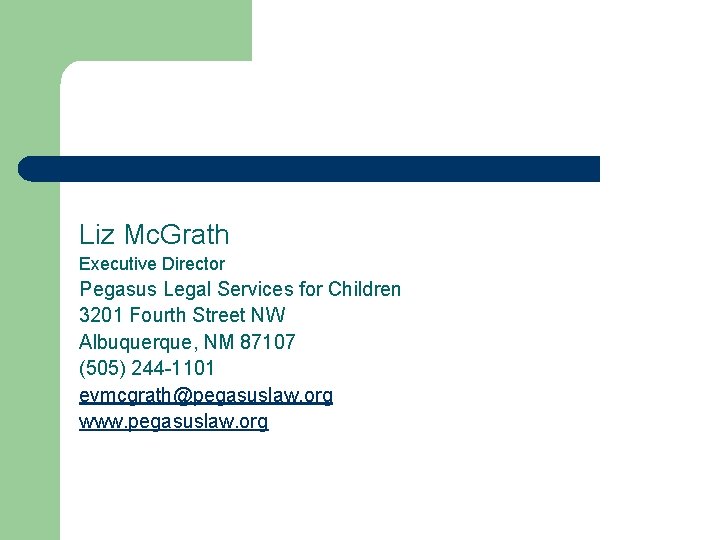 Liz Mc. Grath Executive Director Pegasus Legal Services for Children 3201 Fourth Street NW
