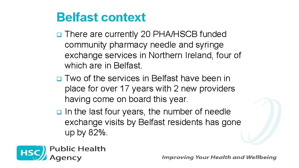 Belfast context q q q There are currently 20 PHA/HSCB funded community pharmacy needle