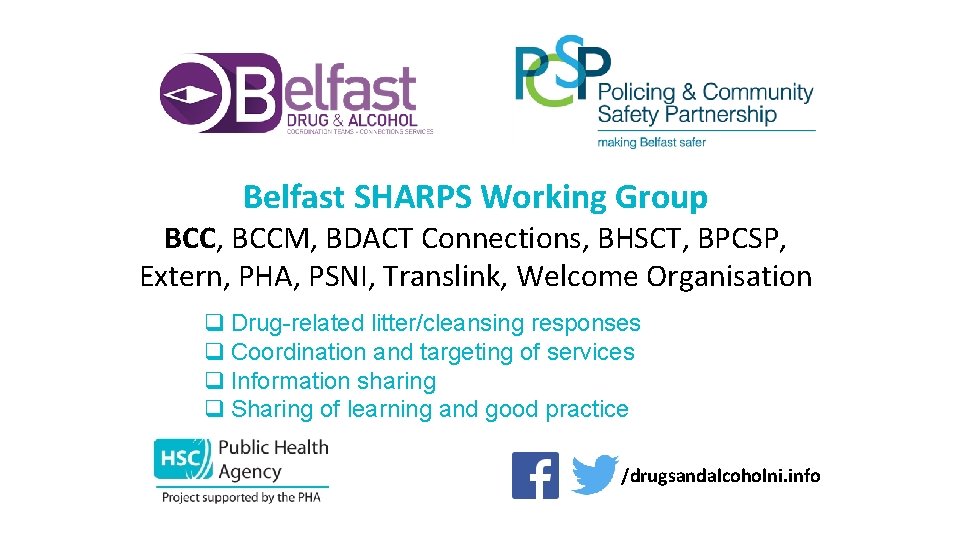 Belfast SHARPS Working Group BCC, BCCM, BDACT Connections, BHSCT, BPCSP, Extern, PHA, PSNI, Translink,