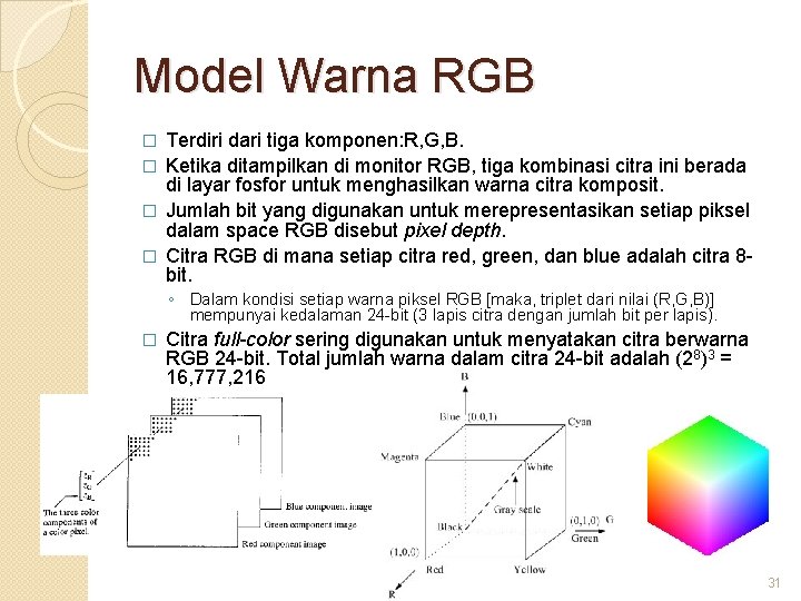 Model Warna RGB Terdiri dari tiga komponen: R, G, B. � Ketika ditampilkan di