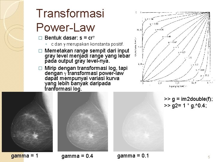 Transformasi Power-Law � Bentuk dasar: s = cr ◦ c dan merupakan konstanta positif.