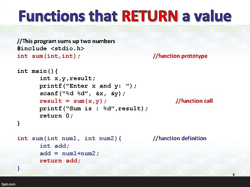 Functions that RETURN a value //This program sums up two numbers #include <stdio. h>