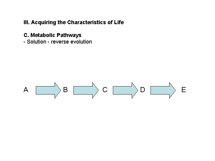 III. Acquiring the Characteristics of Life C. Metabolic Pathways - Solution - reverse evolution