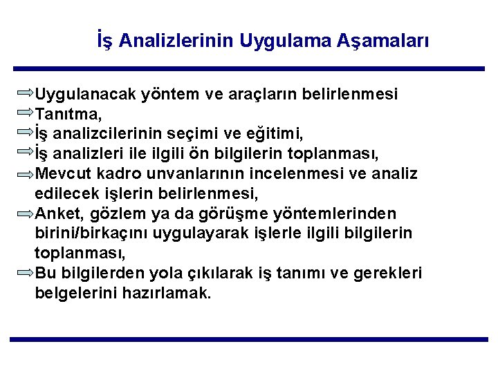 İş Analizlerinin Uygulama Aşamaları Uygulanacak yöntem ve araçların belirlenmesi Tanıtma, İş analizcilerinin seçimi ve