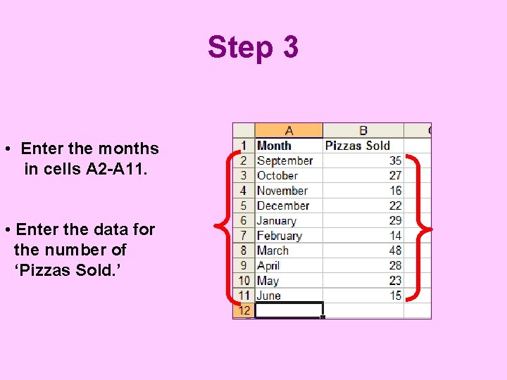 Step 3 • Enter the months in cells A 2 -A 11. • Enter