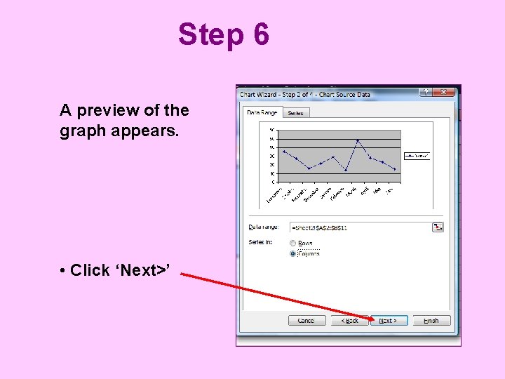 Step 6 A preview of the graph appears. • Click ‘Next>’ 