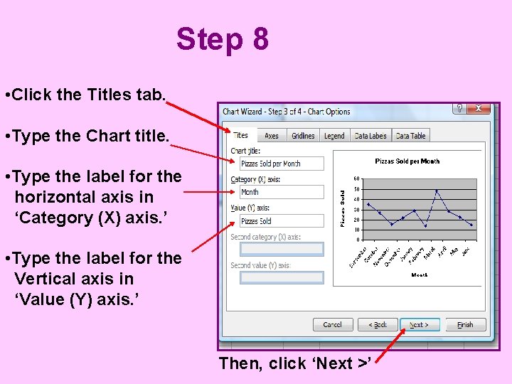 Step 8 • Click the Titles tab. • Type the Chart title. • Type