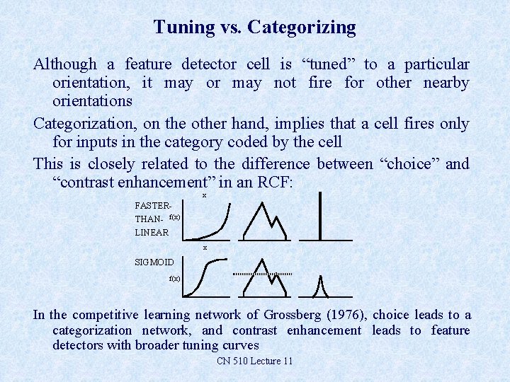 Tuning vs. Categorizing Although a feature detector cell is “tuned” to a particular orientation,
