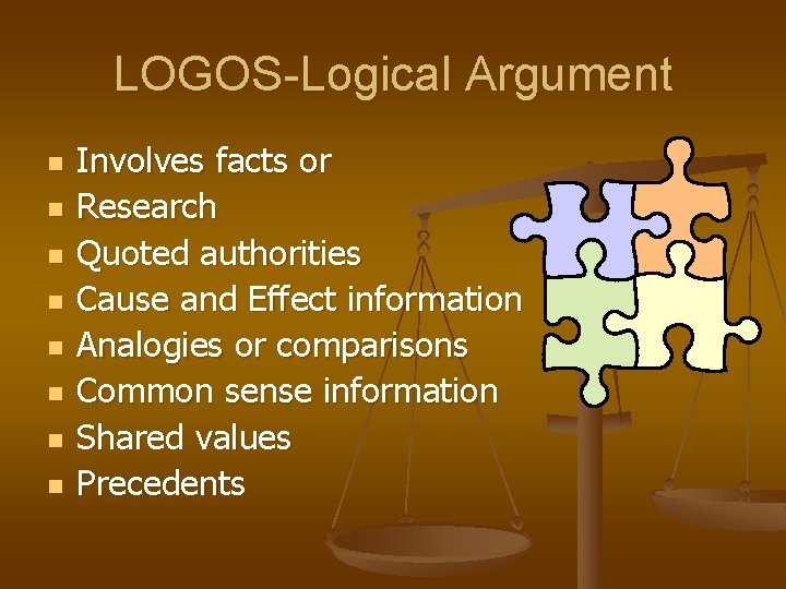 LOGOS-Logical Argument n n n n Involves facts or Research Quoted authorities Cause and