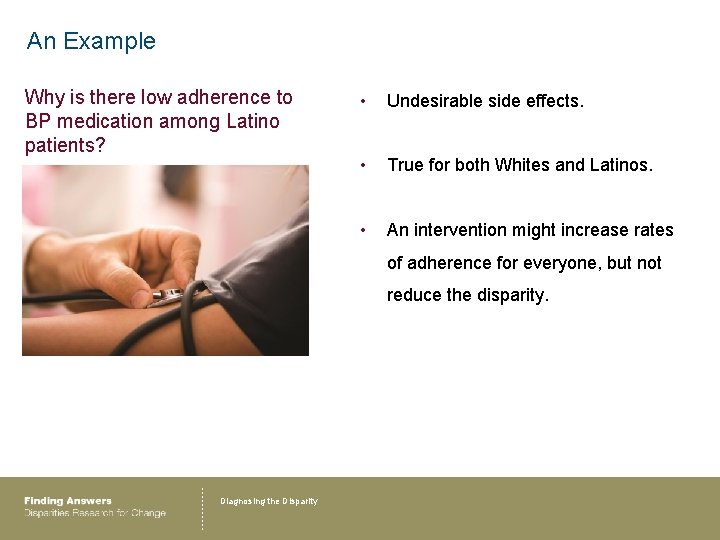 An Example Why is there low adherence to BP medication among Latino patients? •