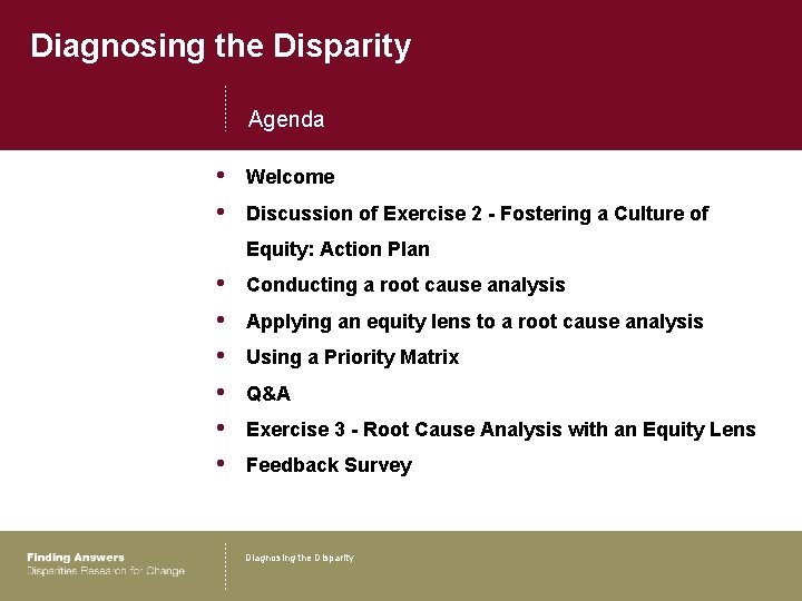 Diagnosing the Disparity Agenda • • Welcome Discussion of Exercise 2 - Fostering a