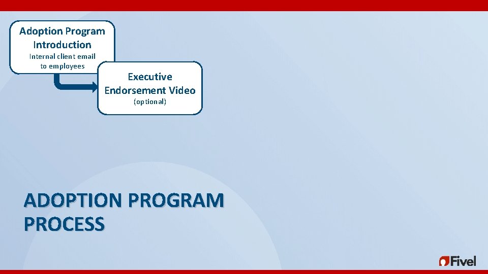 Adoption Program Introduction Internal client email to employees Executive Endorsement Video (optional) ADOPTION PROGRAM Adoption Program Introduction Internal client email to employees Executive Endorsement Video (optional) ADOPTION PROGRAM