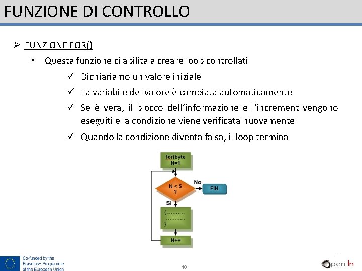 FUNZIONE DI CONTROLLO Ø FUNZIONE FOR() • Questa funzione ci abilita a creare loop