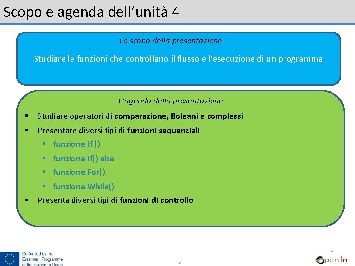 Scopo e agenda dell’unità 4 Lo scopo della presentazione Studiare le funzioni che controllano