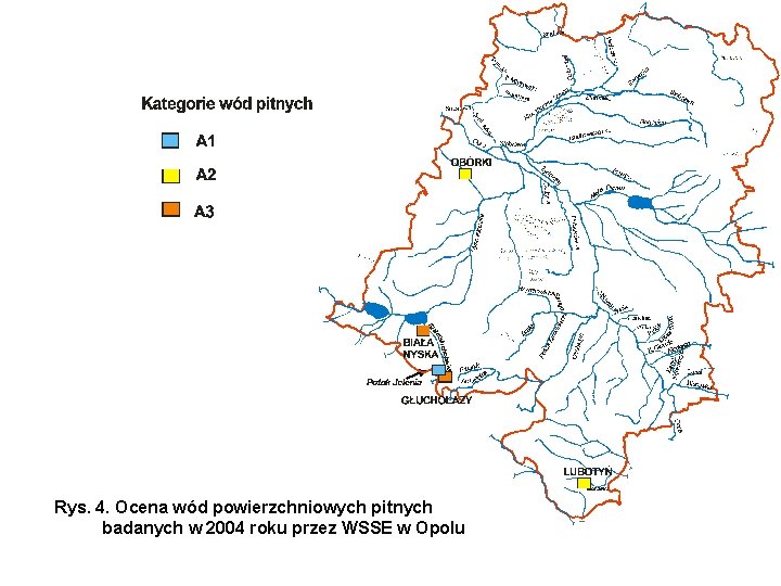 Rys. 4. Ocena wód powierzchniowych pitnych badanych w 2004 roku przez WSSE w Opolu