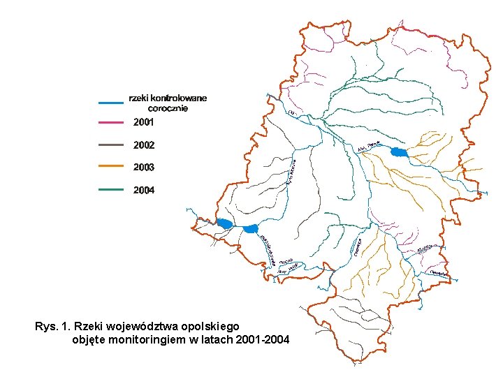 Rys. 1. Rzeki województwa opolskiego objęte monitoringiem w latach 2001 -2004 