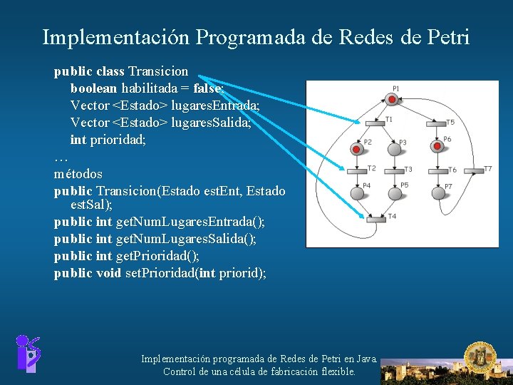 Implementación Programada de Redes de Petri public class Transicion boolean habilitada = false; Vector