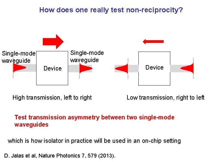 How does one really test non-reciprocity? Single-mode waveguide Device High transmission, left to right