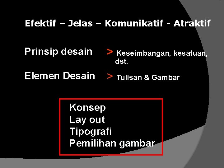 Efektif – Jelas – Komunikatif - Atraktif Prinsip desain > Keseimbangan, kesatuan, dst. Elemen