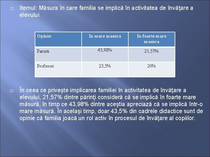 Itemul: Măsura în care familia se implică în activitatea de învăţare a elevului Itemul: Măsura în care familia se implică în activitatea de învăţare a elevului