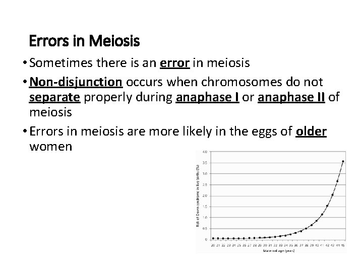 Errors in Meiosis • Sometimes there is an error in meiosis • Non-disjunction occurs