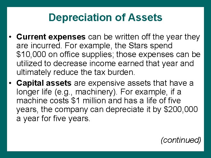 Depreciation of Assets • Current expenses can be written off the year they are