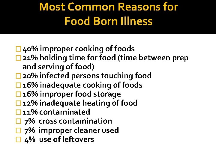 Most Common Reasons for Food Born Illness � 40% improper cooking of foods �