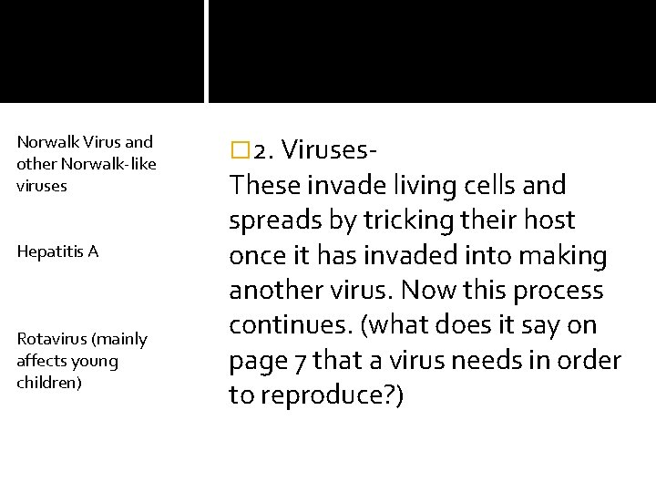 Norwalk Virus and other Norwalk-like viruses Hepatitis A Rotavirus (mainly affects young children) �