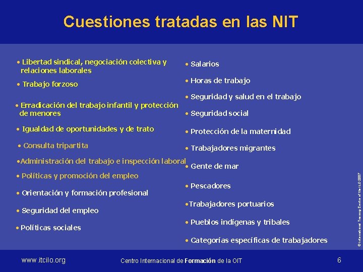 Cuestiones tratadas en las NIT • Libertad sindical, negociación colectiva y relaciones laborales •