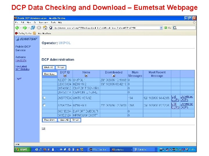 DCP Data Checking and Download – Eumetsat Webpage 