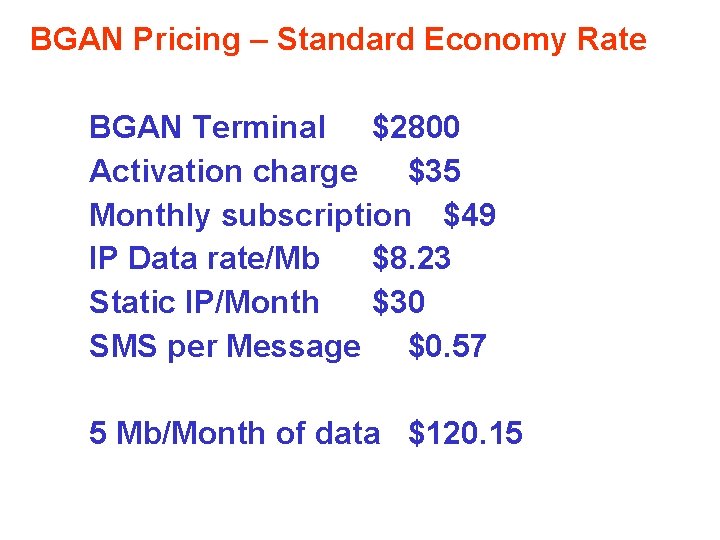 BGAN Pricing – Standard Economy Rate BGAN Terminal $2800 Activation charge $35 Monthly subscription