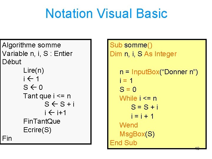 Notation Visual Basic Algorithme somme Variable n, i, S : Entier Début Lire(n) i