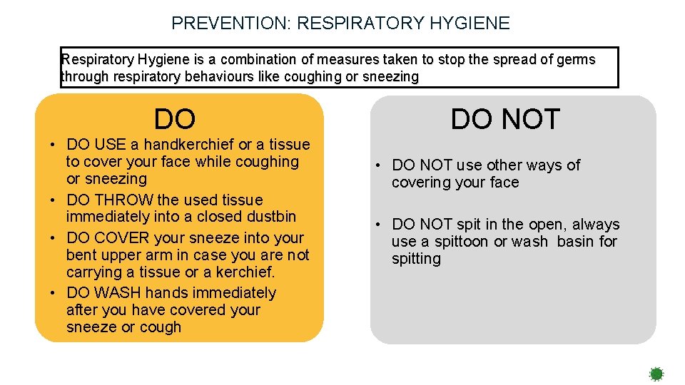 PREVENTION: RESPIRATORY HYGIENE Respiratory Hygiene is a combination of measures taken to stop the