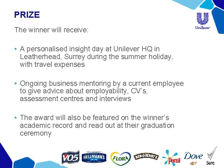 PRIZE The winner will receive: • A personalised insight day at Unilever HQ in