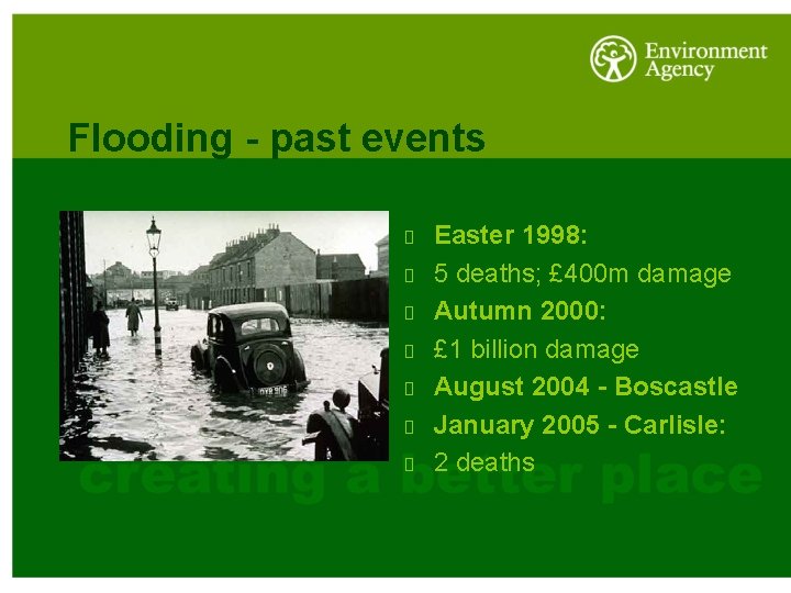 Flooding - past events Easter 1998: 5 deaths; £ 400 m damage Autumn 2000: