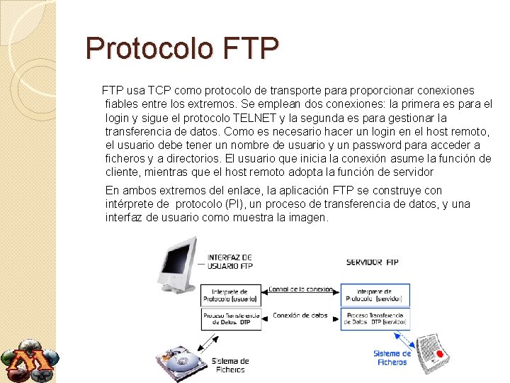 Protocolo FTP usa TCP como protocolo de transporte para proporcionar conexiones fiables entre los