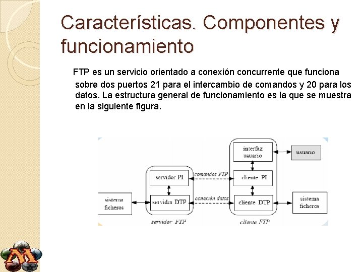 Características. Componentes y funcionamiento FTP es un servicio orientado a conexión concurrente que funciona