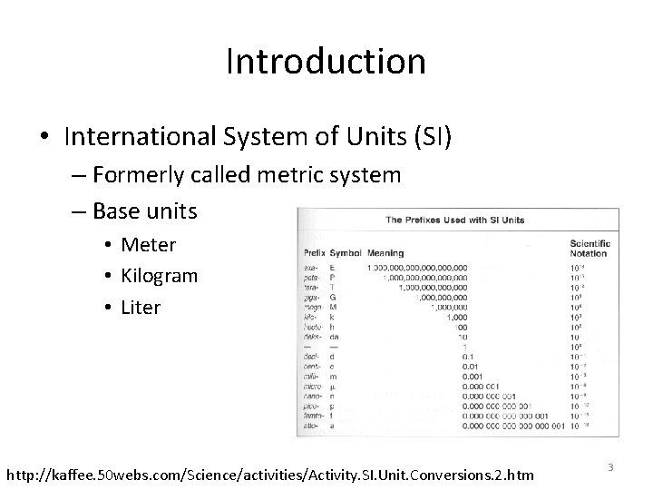 Introduction • International System of Units (SI) – Formerly called metric system – Base