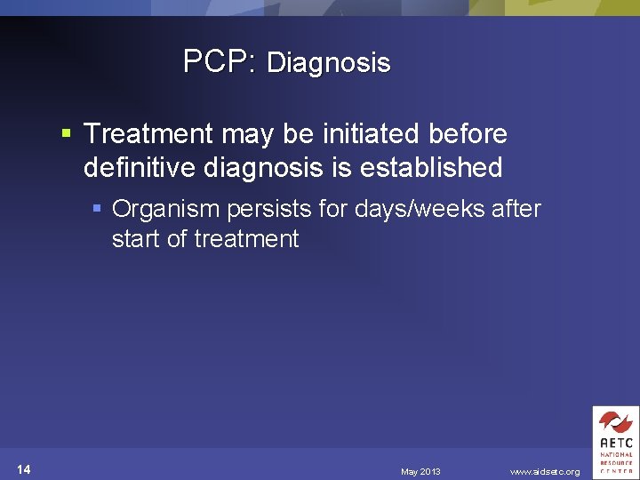 PCP: Diagnosis § Treatment may be initiated before definitive diagnosis is established § Organism