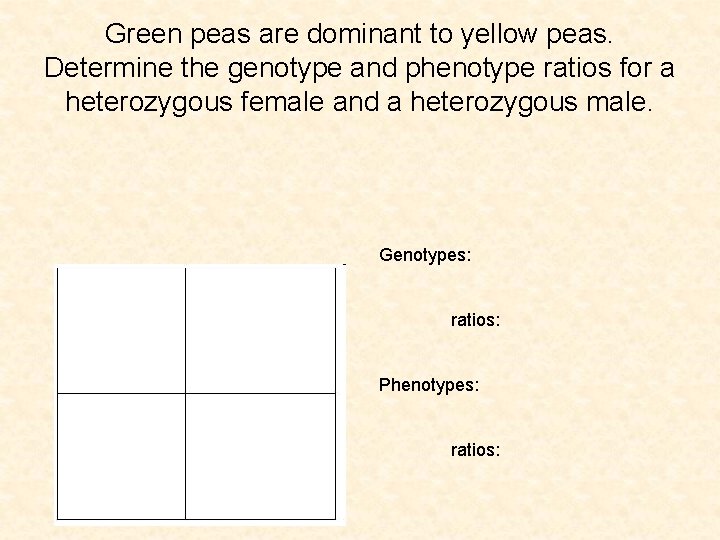 Green peas are dominant to yellow peas. Determine the genotype and phenotype ratios for