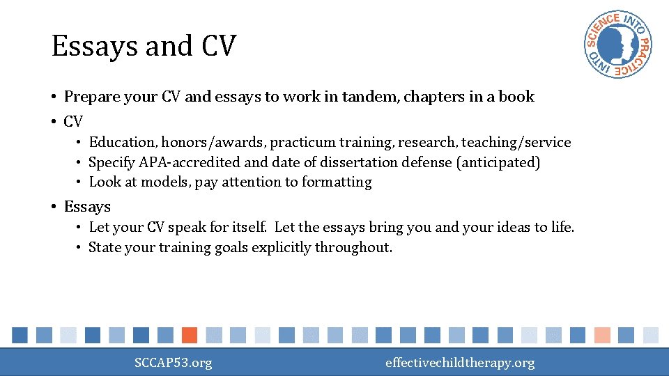 Essays and CV • Prepare your CV and essays to work in tandem, chapters