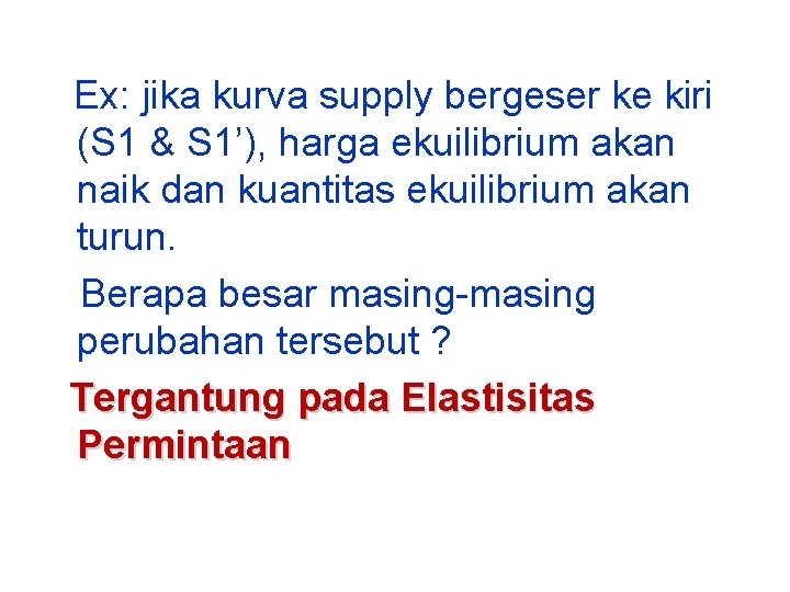Ex: jika kurva supply bergeser ke kiri (S 1 & S 1’), harga Ex: jika kurva supply bergeser ke kiri (S 1 & S 1’), harga