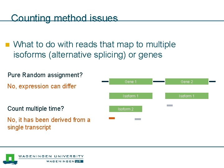 Counting method issues n What to do with reads that map to multiple isoforms