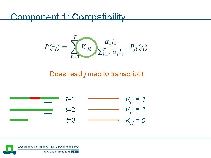 Component 1: Compatibility Does read j map to transcript t t=1 t=2 t=3 Kj