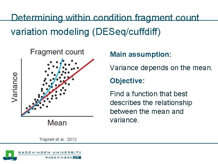 Determining within condition fragment count variation modeling (DESeq/cuffdiff) Main assumption: Variance depends on the