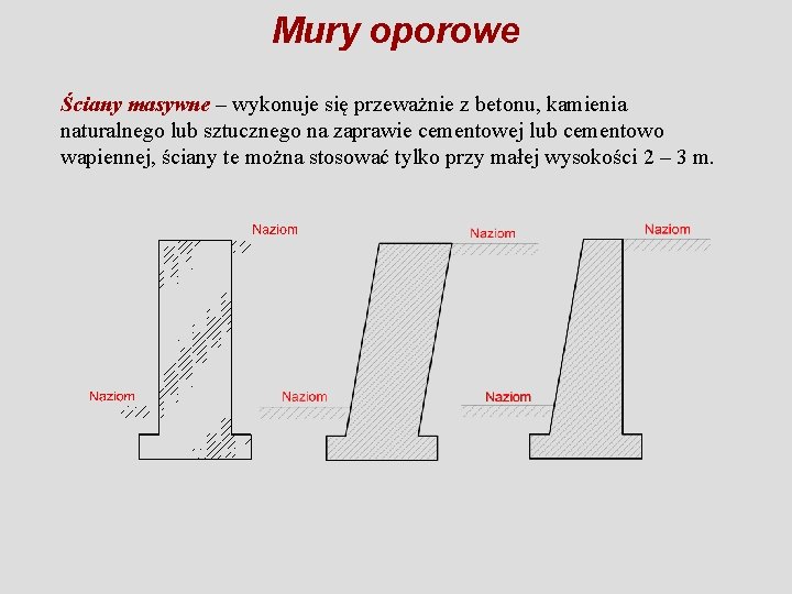 Mury oporowe Ściany masywne – wykonuje się przeważnie z betonu, kamienia naturalnego lub sztucznego